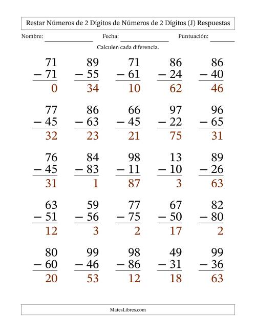 La hoja de ejercicios de Restar números de 2 dígitos de números de 2 dígitos, sin acarreo (25 preguntas) - Formato Grande (J) Página 2