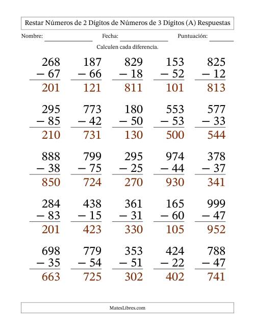 La hoja de ejercicios de Restar números de 2 dígitos de números de 3 dígitos, sin acarreo (25 preguntas) - Formato Grande (A) Página 2
