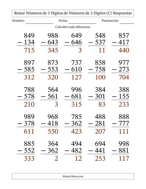 La hoja de ejercicios de Restar números de 3 dígitos de números de 3 dígitos, sin acarreo (25 preguntas) - Formato Grande (C) Página 2