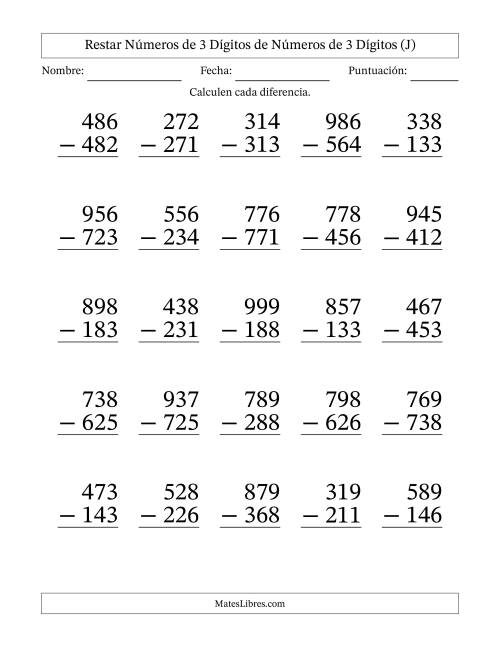 La hoja de ejercicios de Restar números de 3 dígitos de números de 3 dígitos, sin acarreo (25 preguntas) - Formato Grande (J)