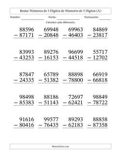 Restar números de 5 dígitos de números de 5 dígitos, sin acarreo (20 preguntas) - Formato Grande
