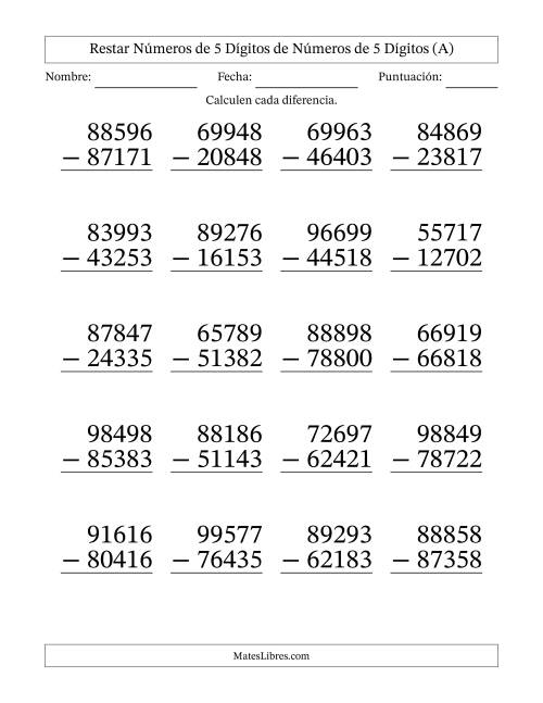 La hoja de ejercicios de Restar números de 5 dígitos de números de 5 dígitos, sin acarreo (20 preguntas) - Formato Grande (A)
