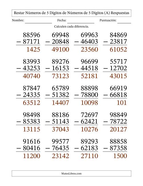 La hoja de ejercicios de Restar números de 5 dígitos de números de 5 dígitos, sin acarreo (20 preguntas) - Formato Grande (A) Página 2