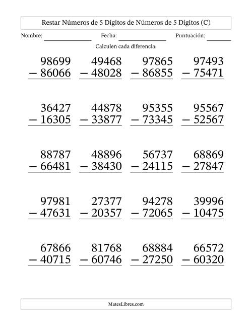 La hoja de ejercicios de Restar números de 5 dígitos de números de 5 dígitos, sin acarreo (20 preguntas) - Formato Grande (C)