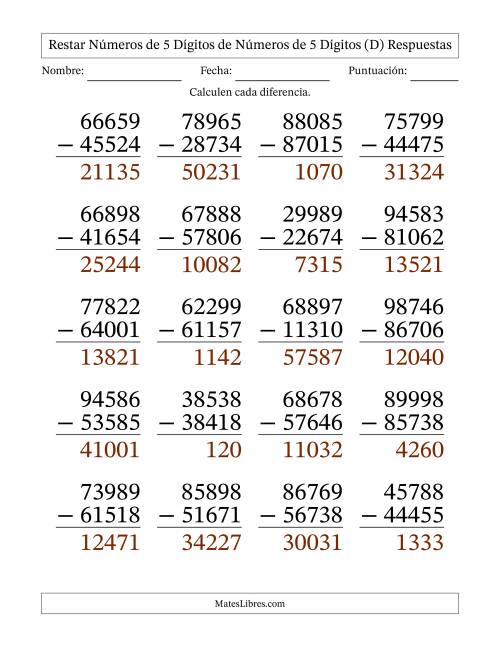 La hoja de ejercicios de Restar números de 5 dígitos de números de 5 dígitos, sin acarreo (20 preguntas) - Formato Grande (D) Página 2