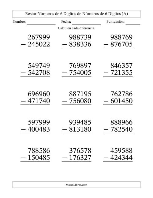 La hoja de ejercicios de Restar números de 6 dígitos de números de 6 dígitos, sin acarreo (15 preguntas) - Formato Grande (A)