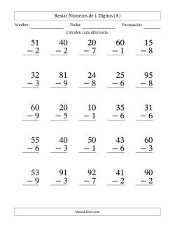 Restar números de 1 dígitos con acarreo en todas las preguntas (25 preguntas) - Formato Grande