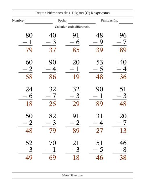 La hoja de ejercicios de Restar números de 1 dígitos con acarreo en todas las preguntas (25 preguntas) - Formato Grande (C) Página 2