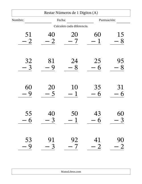 La hoja de ejercicios de Restar números de 1 dígitos con acarreo en todas las preguntas (25 preguntas) - Formato Grande (Todas)