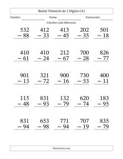 Restar números de 2 dígitos con acarreo en todas las preguntas (25 preguntas) - Formato Grande