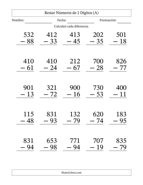 La hoja de ejercicios de Restar números de 2 dígitos con acarreo en todas las preguntas (25 preguntas) - Formato Grande (A)