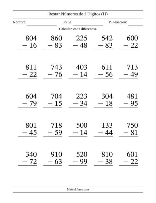 La hoja de ejercicios de Restar números de 2 dígitos con acarreo en todas las preguntas (25 preguntas) - Formato Grande (H)