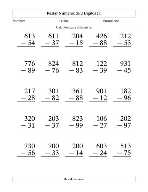 La hoja de ejercicios de Restar números de 2 dígitos con acarreo en todas las preguntas (25 preguntas) - Formato Grande (I)