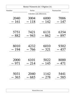 Restar números de 3 dígitos con acarreo en todas las preguntas (20 preguntas) - Formato Grande