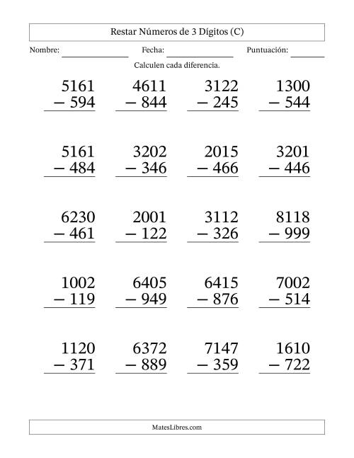 La hoja de ejercicios de Restar números de 3 dígitos con acarreo en todas las preguntas (20 preguntas) - Formato Grande (C)