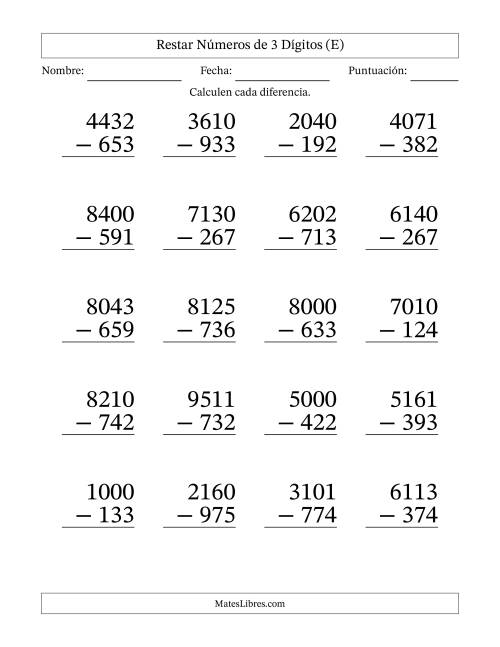 La hoja de ejercicios de Restar números de 3 dígitos con acarreo en todas las preguntas (20 preguntas) - Formato Grande (E)