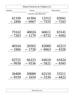 Restar números de 4 dígitos con acarreo en todas las preguntas (20 preguntas) - Formato Grande