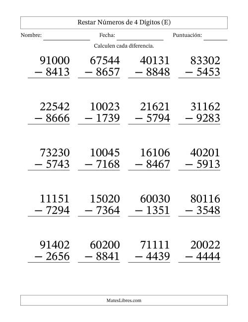 La hoja de ejercicios de Restar números de 4 dígitos con acarreo en todas las preguntas (20 preguntas) - Formato Grande (E)