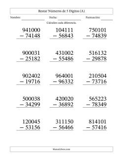 Restar números de 5 dígitos con acarreo en todas las preguntas (15 preguntas) - Formato Grande