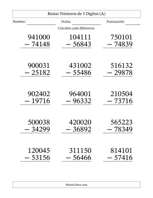 La hoja de ejercicios de Restar números de 5 dígitos con acarreo en todas las preguntas (15 preguntas) - Formato Grande (A)