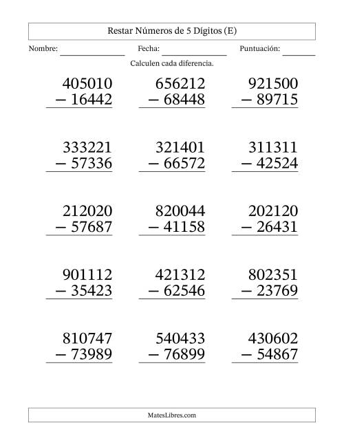 La hoja de ejercicios de Restar números de 5 dígitos con acarreo en todas las preguntas (15 preguntas) - Formato Grande (E)