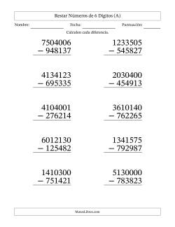 Restar números de 6 dígitos con acarreo en todas las preguntas (10 preguntas) - Formato Grande