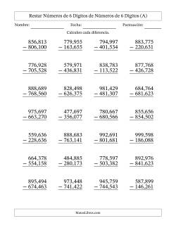 Restar números de 6 dígitos de números de 6 dígitos, sin acarreo (28 preguntas) (Coma como separador de millares)