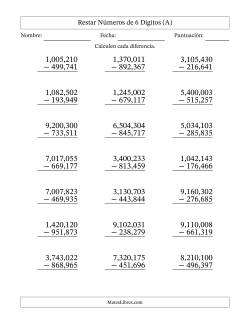 Restar números de 6 dígitos con acarreo en todas las preguntas (21 preguntas) (Coma como separador de millares)