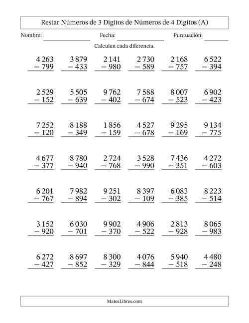 La hoja de ejercicios de Restar números de 3 dígitos de números de 4 dígitos, con acarreo en algunas preguntas (42 preguntas) (Espacio como separador de millares) (A)