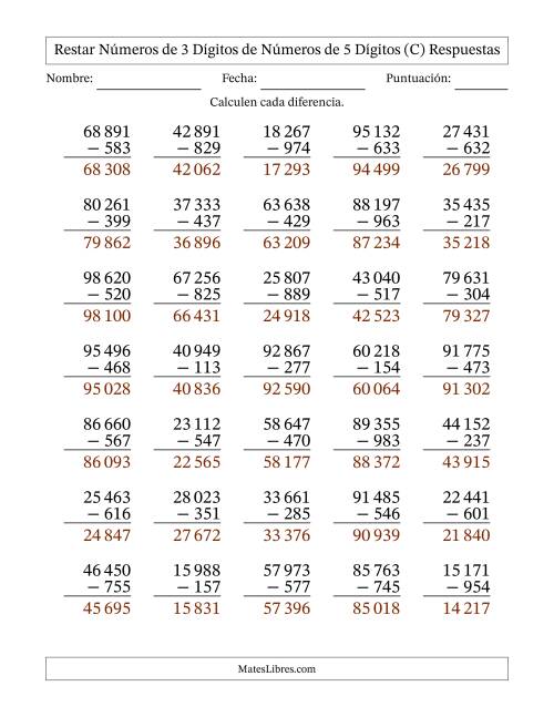 La hoja de ejercicios de Restar números de 3 dígitos de números de 5 dígitos, con acarreo en algunas preguntas (35 preguntas) (Espacio como separador de millares) (C) Página 2