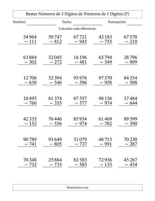 La hoja de ejercicios de Restar números de 3 dígitos de números de 5 dígitos, con acarreo en algunas preguntas (35 preguntas) (Espacio como separador de millares) (F)