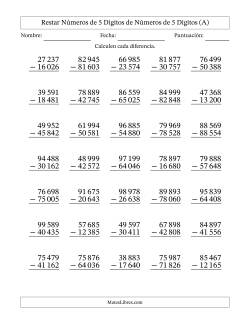 Restar números de 5 dígitos de números de 5 dígitos, sin acarreo (35 preguntas) (Espacio como separador de millares)