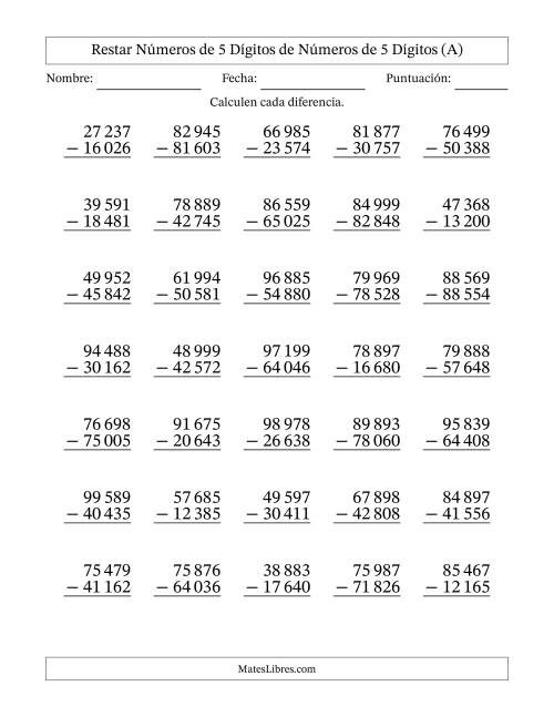 La hoja de ejercicios de Restar números de 5 dígitos de números de 5 dígitos, sin acarreo (35 preguntas) (Espacio como separador de millares) (Todas)