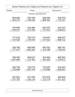 Restar números de 6 dígitos de números de 6 dígitos, sin acarreo (28 preguntas) (Espacio como separador de millares)