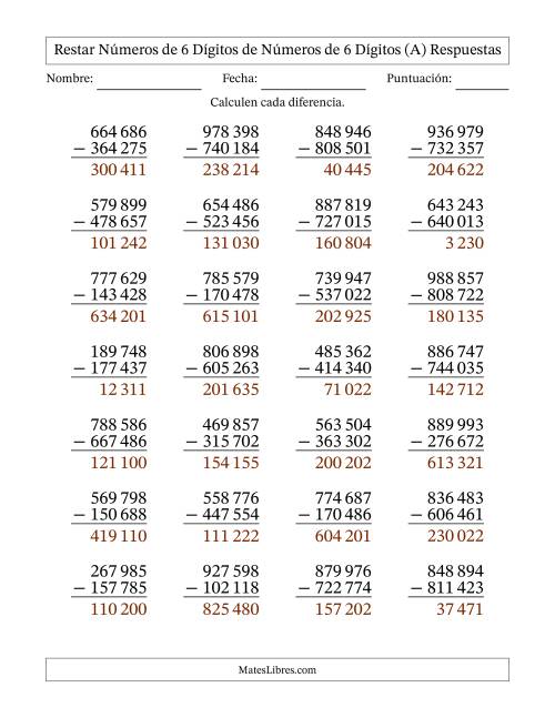 La hoja de ejercicios de Restar números de 6 dígitos de números de 6 dígitos, sin acarreo (28 preguntas) (Espacio como separador de millares) (A) Página 2