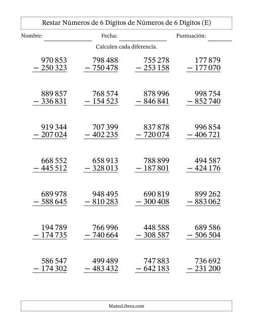 La hoja de ejercicios de Restar números de 6 dígitos de números de 6 dígitos, sin acarreo (28 preguntas) (Espacio como separador de millares) (E)