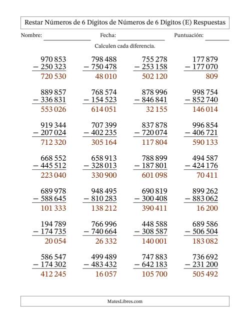La hoja de ejercicios de Restar números de 6 dígitos de números de 6 dígitos, sin acarreo (28 preguntas) (Espacio como separador de millares) (E) Página 2