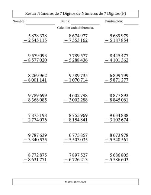 La hoja de ejercicios de Restar números de 7 dígitos de números de 7 dígitos, sin acarreo (21 preguntas) (Espacio como separador de millares) (F)