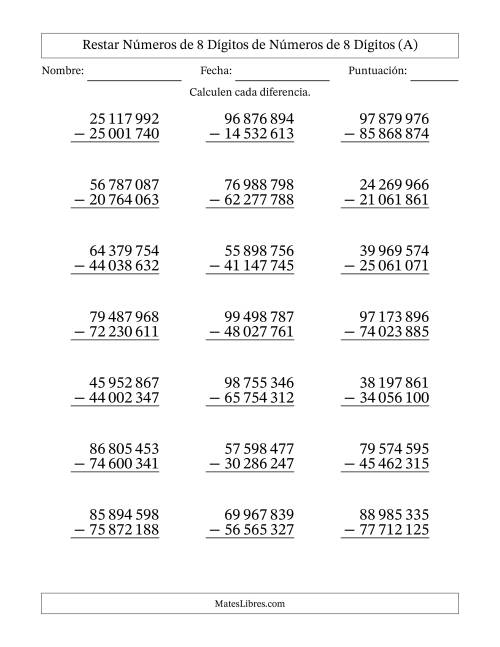 La hoja de ejercicios de Restar números de 8 dígitos de números de 8 dígitos, sin acarreo (21 preguntas) (Espacio como separador de millares) (A)