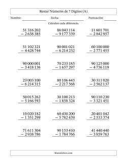 Restar números de 7 dígitos con acarreo en todas las preguntas (21 preguntas) (Espacio como separador de millares)