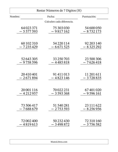 La hoja de ejercicios de Restar números de 7 dígitos con acarreo en todas las preguntas (21 preguntas) (Espacio como separador de millares) (H)