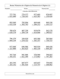 Restar números de 6 dígitos de números de 6 dígitos, sin acarreo (28 preguntas) (Punto como separador de millares)