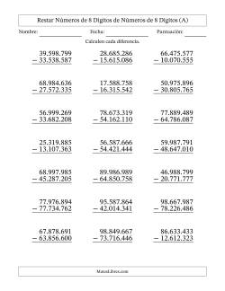 Restar números de 8 dígitos de números de 8 dígitos, sin acarreo (21 preguntas) (Punto como separador de millares)
