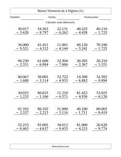 Restar números de 4 dígitos con acarreo en todas las preguntas (35 preguntas) (Punto como separador de millares)
