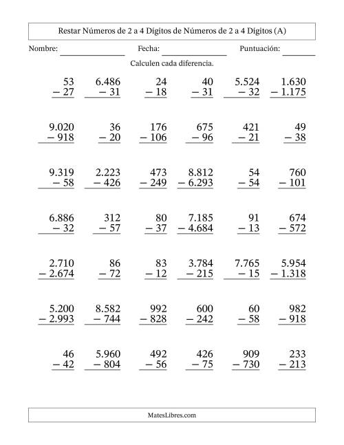 La hoja de ejercicios de Restar números de 2 a 4 dígitos de números de 2 a 4 dígitos, con acarreo en algunas preguntas (42 preguntas) (Punto como separador de millares) (A)