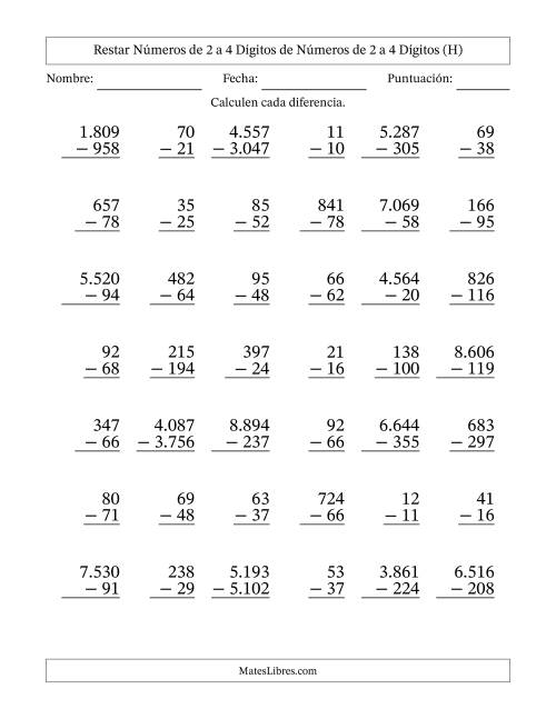 La hoja de ejercicios de Restar números de 2 a 4 dígitos de números de 2 a 4 dígitos, con acarreo en algunas preguntas (42 preguntas) (Punto como separador de millares) (H)