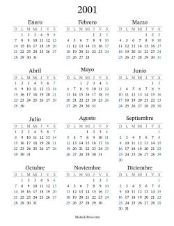 Calendario del Año 2001 con el domingo como primer día