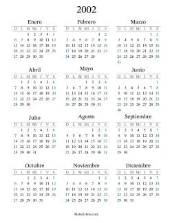 Calendario del Año 2002 con el domingo como primer día