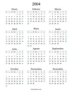 Calendario del Año 2004 con el domingo como primer día