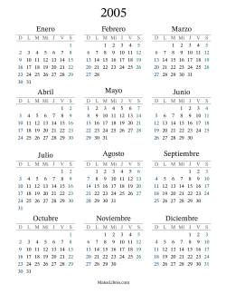 Calendario del Año 2005 con el domingo como primer día